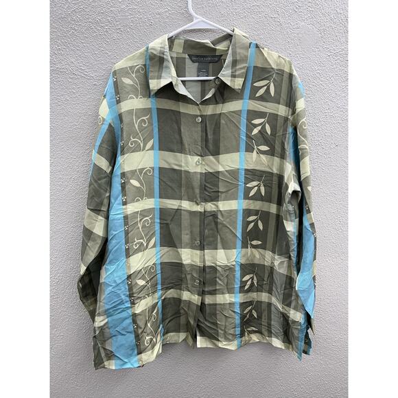 Womens Jessica Holbrook Shirt Size Large Green Floral Silk Button Up - Picture 1 of 14